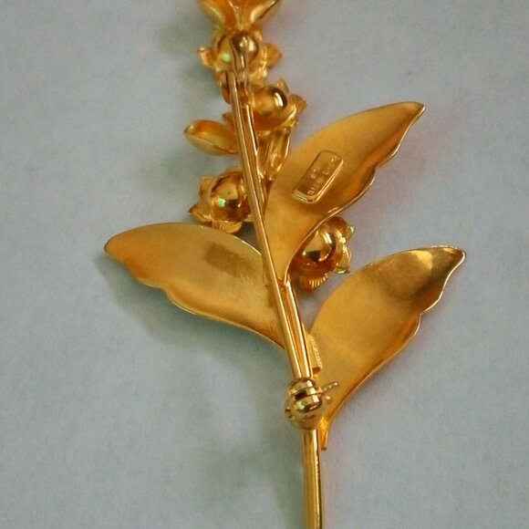 Vintage Bond Boyd GF Goldtone Green Rhinestone Flower Brooch - Picture 4 of 8